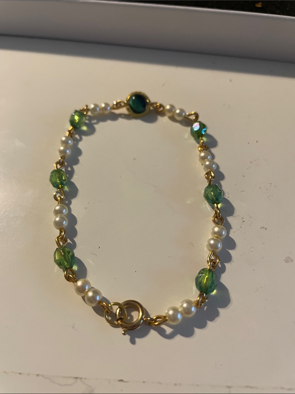 Gold Toned Link Faux Pearl Bracelet with Green Beads
